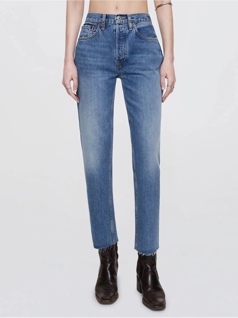 Re/done High Rise Stove Pipe Jean in Medium Vain